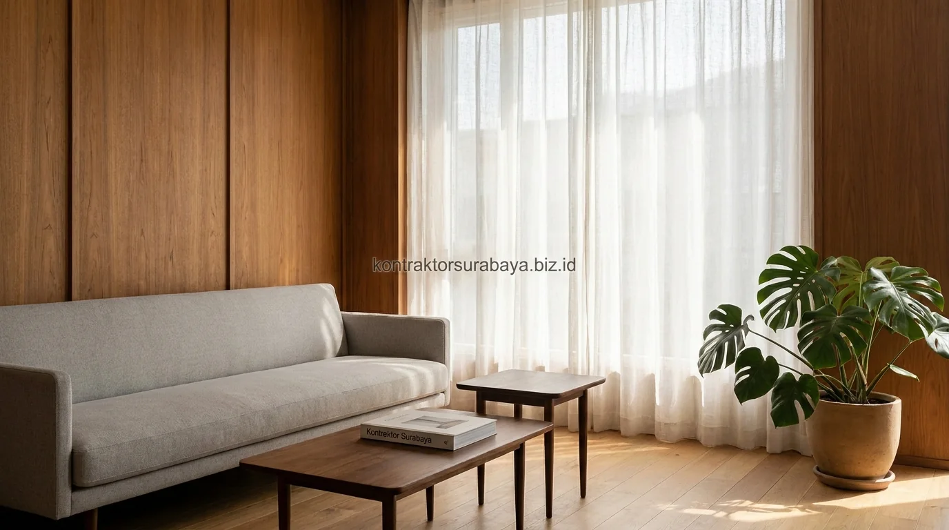Desain interior rumah minimalis Surabaya bergaya Japandi dengan sentuhan kayu hangat