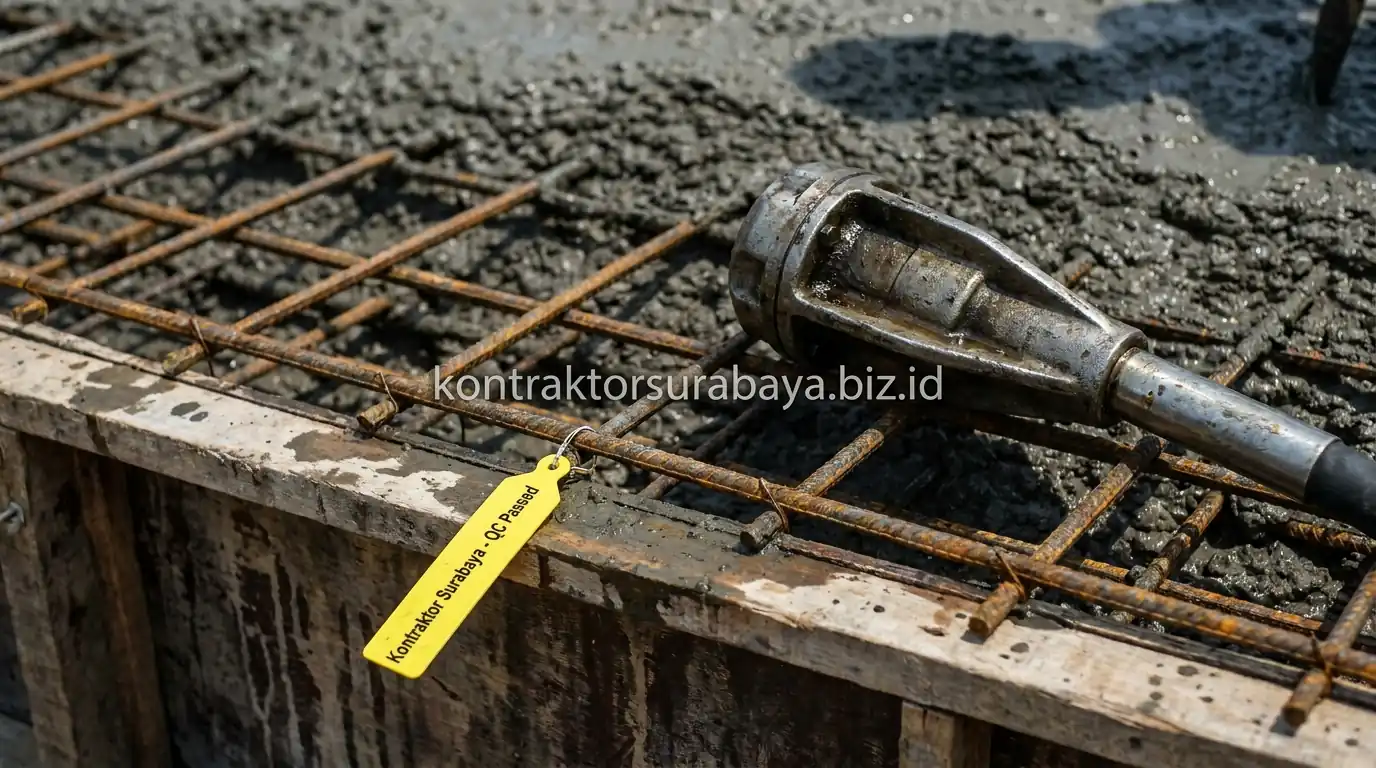 Proses pemadatan dengan vibrator saat pengecoran dak beton