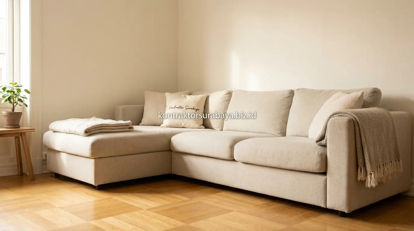 Sofa L di sudut ruangan dengan warna dinding terang